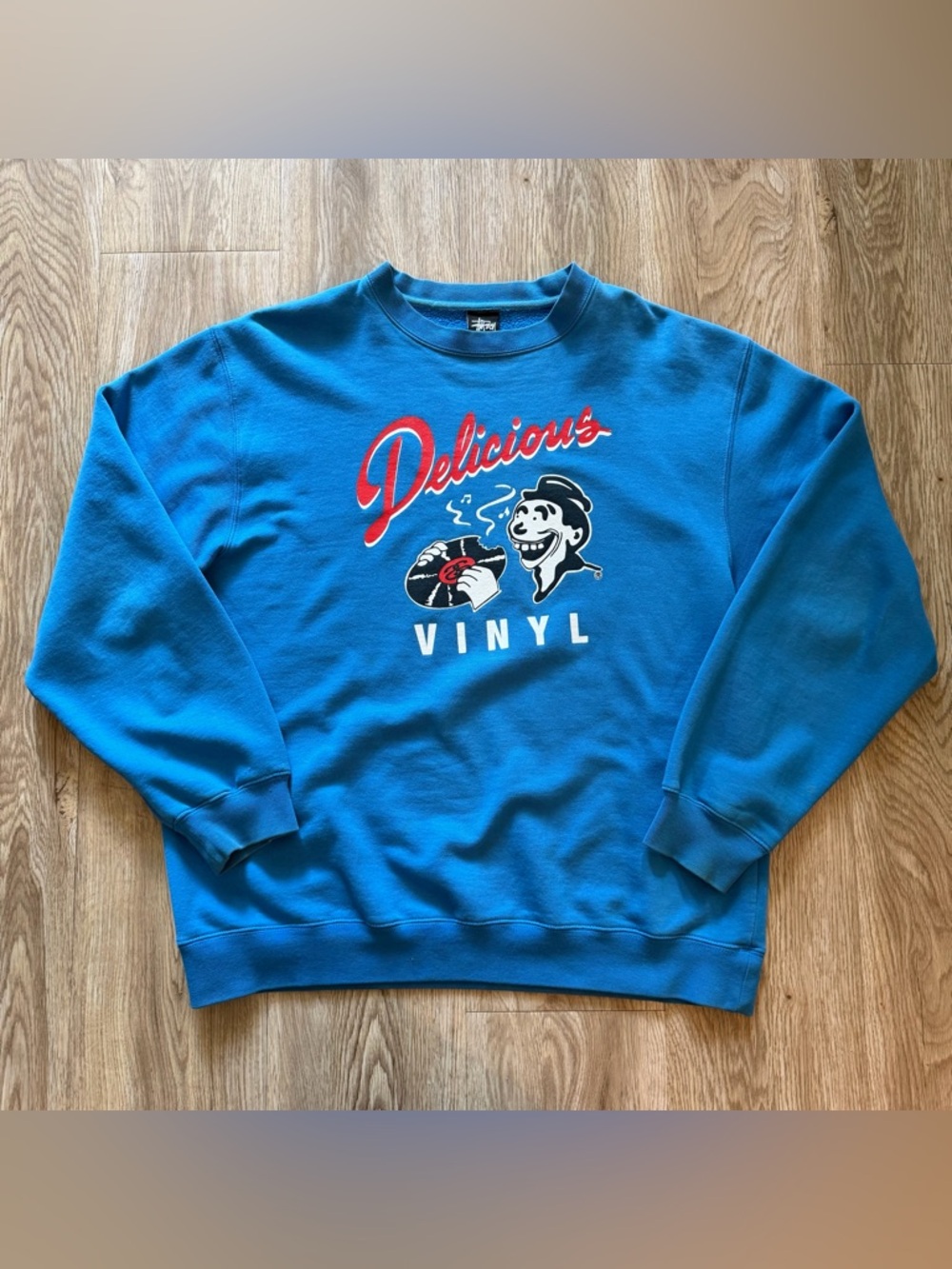 Stussy x Delicious Vinyl Blue Sweatshirt Vintage Made In USA